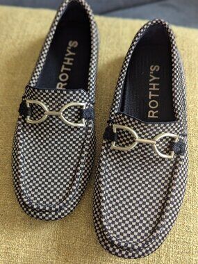 ROTHY'S Double Bit Driver Loafers In Black & White Micro check Size US 8